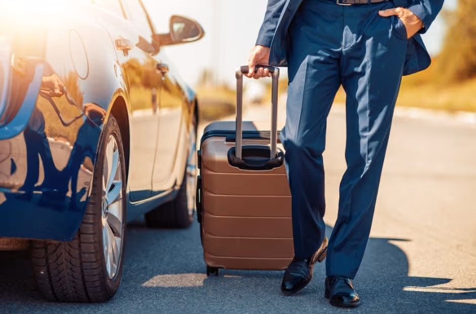 Viajante puxando uma mala ao lado de um carro